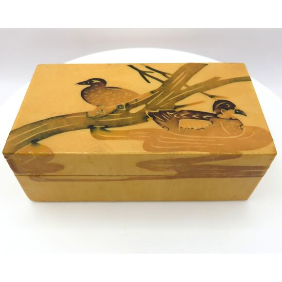 Vintage Chinese Lacquered Wood Box\ Ducks Trinket Jewelry Storage Rustic Japandi - Picture 2 of 14